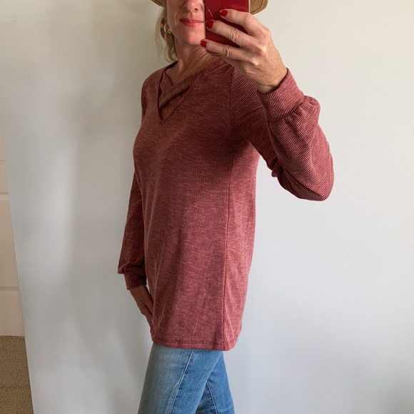 Burgundy, Ribbed Long Sleeve Tunic Top - Picture 6 of 10